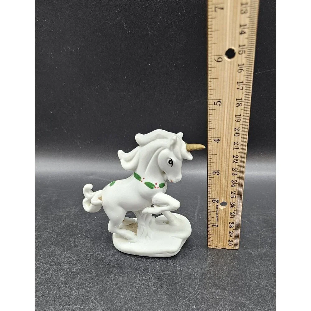 Vintage Prancing Unicorn With Christmas Holly Collar Ceramic Figurine Fantasy